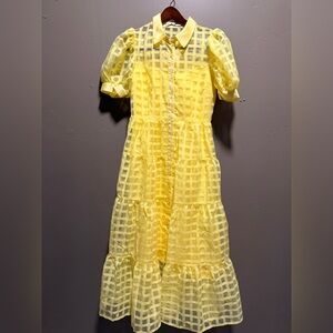 English Factory Yellow Grid Pattern Tiered Midi Dress